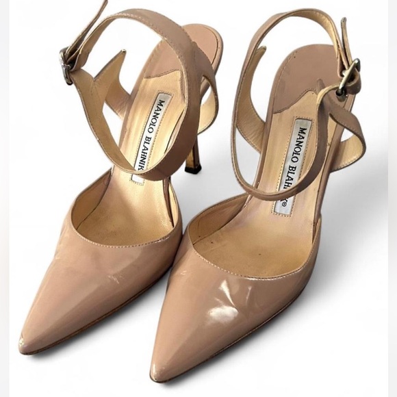 AUTHENTIC MANOLO BLAHNIK PATENT LEATHER ANKLE STRAP HIGH HEELS  37/6.5 - Picture 1 of 6